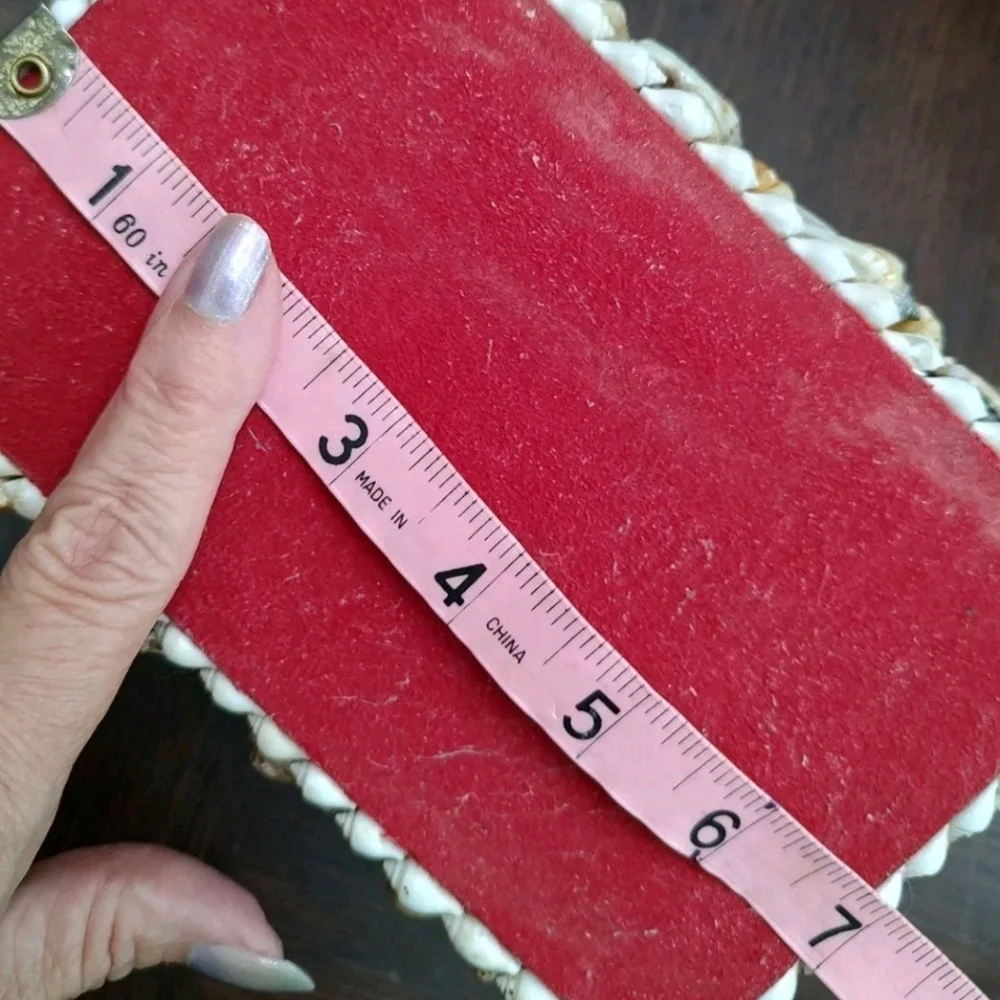 Vtg Sailor’s Glittery Valentine Shell Art Jewelry Trinket Box Red Lining/Bottom